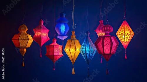 Happy Diwali. Group of paper graphic Indian lantern on Indian festive theme big banner background. The Festival of Lights. generative ai