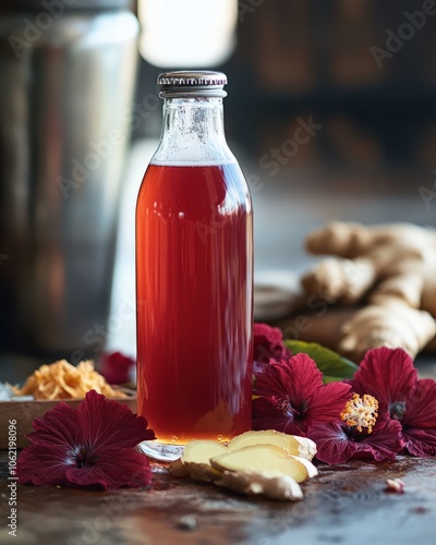 A handcrafted artisanal small-batch kombucha brewed with locally sourced hibiscus flowers and ginger, offering a refreshing and slightly tangy beverage with a rich