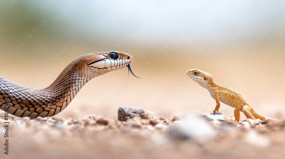 Fototapeta premium Cobra vs. Lizard: A king cobra strikes a lizard on rocky terrain.