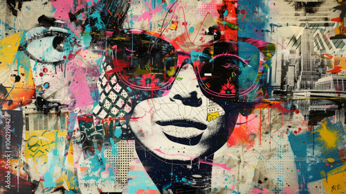 Vibrant city portrait of a woman in stylish sunglasses with art