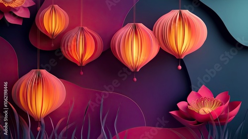 Happy Diwali. Group of paper graphic Indian lantern on Indian festive theme big banner background. The Festival of Lights. generative ai