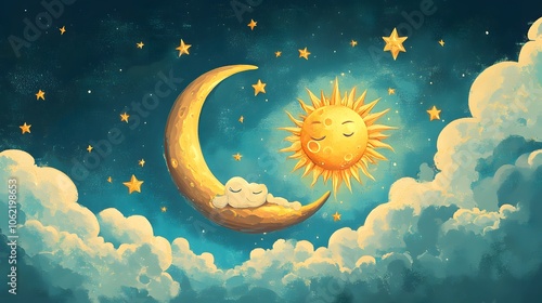 The sun and the moon in a cartoon style, with clouds in between them.