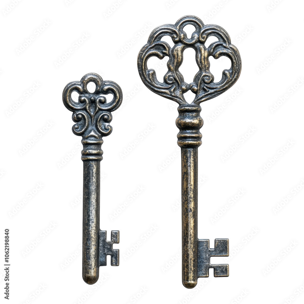 Two ornate antique keys displayed against a black background, showcasing intricate designs and varying sizes. Two ornate antique keys displayed against a black background, showcasing intricate designs and varying sizes.
