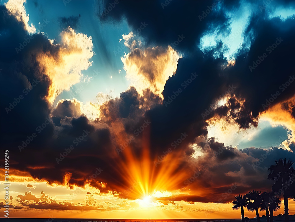 A vibrant sunset with dramatic clouds and rays of light, creating a serene atmosphere. AI Image A vibrant sunset with dramatic clouds and rays of light, creating a serene atmosphere. AI Image