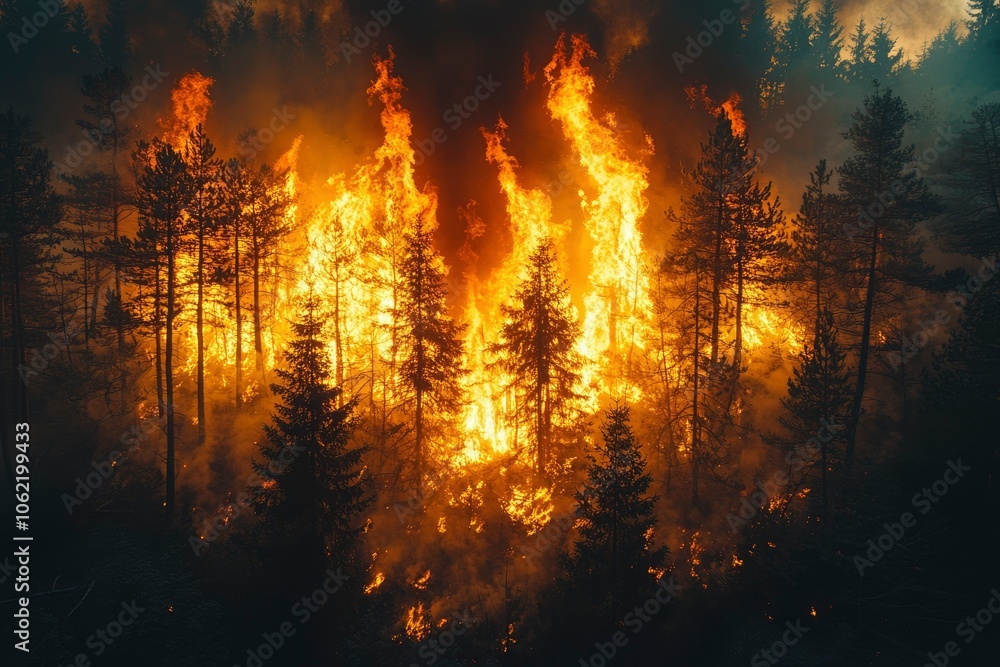 Fiery Inferno Consuming a Forest at Night Fiery Inferno Consuming a Forest at Night