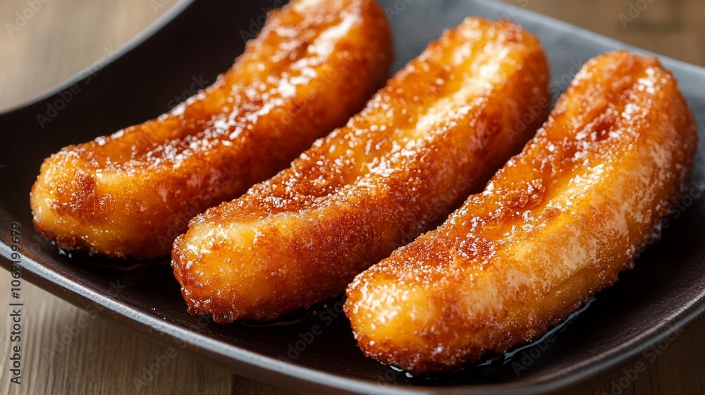 Three fried bananas with caramelized sugar on a black plate. Three fried bananas with caramelized sugar on a black plate.