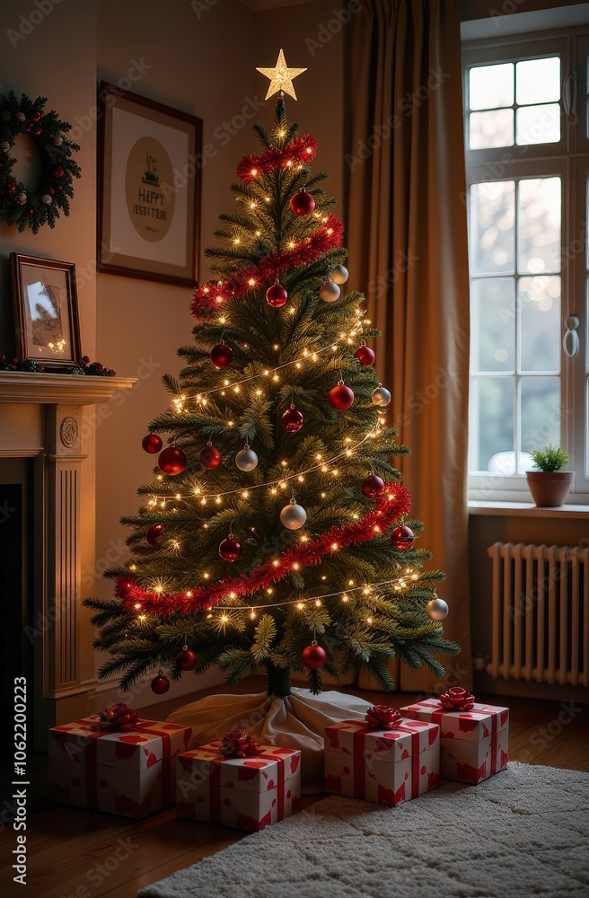 Christmas tree in the interior of a cozy living room, gifts under the tree, winter evening Christmas tree in the interior of a cozy living room, gifts under the tree, winter evening