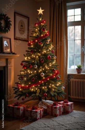 Christmas tree in the interior of a cozy living room, gifts under the tree, winter evening