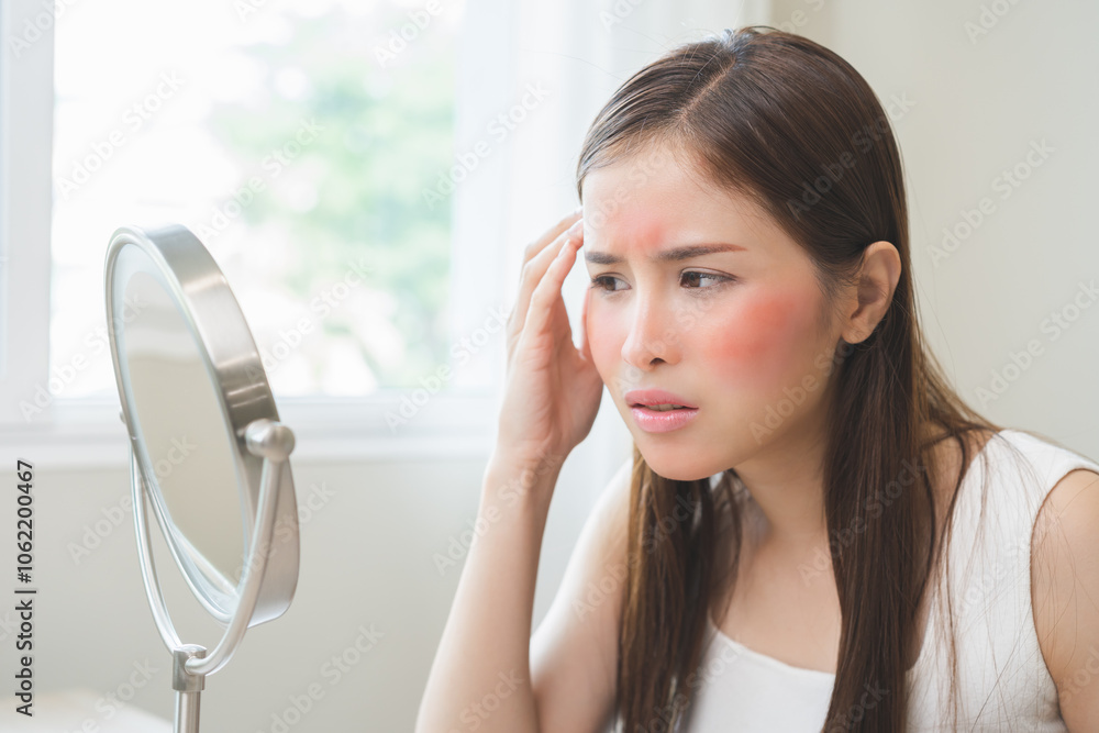 Dermatology, scratch asian young woman looking at mirror, expression worry and itch, itchy allergy or allergic sensitive reaction, red spot or rash on her face. Beauty care from skin problem treatment Dermatology, scratch asian young woman looking at mirror, expression worry and itch, itchy allergy or allergic sensitive reaction, red spot or rash on her face. Beauty care from skin problem treatment