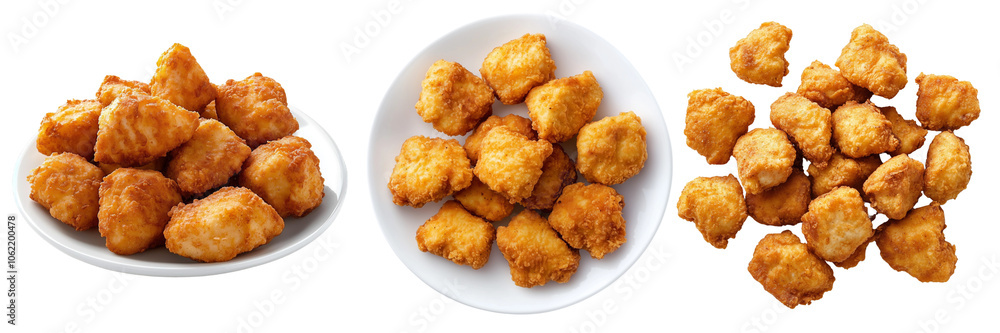 Set of fried chicken nuggets, crispy and golden with detailed textures, isolated on transparent background. Set of fried chicken nuggets, crispy and golden with detailed textures, isolated on transparent background.