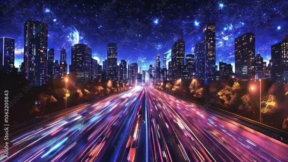 A vibrant cityscape at night with light trails and a starry sky. A vibrant cityscape at night with light trails and a starry sky.