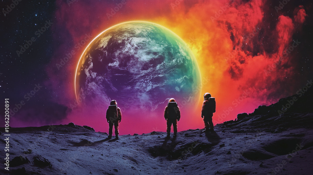 Astronuats on Moon looking back at Earth on Fire Astronuats on Moon looking back at Earth on Fire