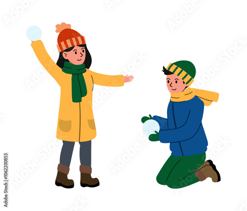 Two people enjoying a snowball fight during winter in a snowy landscape
