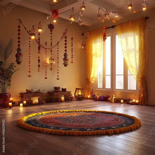 Hyper realistic photographic image, Indian diwali decorated empty home living room, decorated with diyas, lanterns, rangoli,generative ai