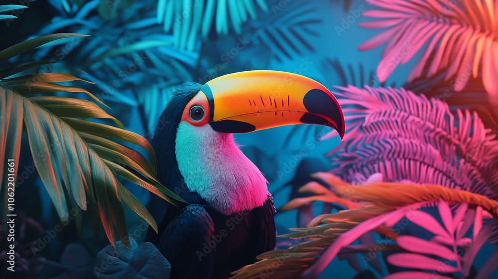 Obraz premium A toucan with a large orange beak is nestled among tropical foliage, bathed in neon blue and pink light.