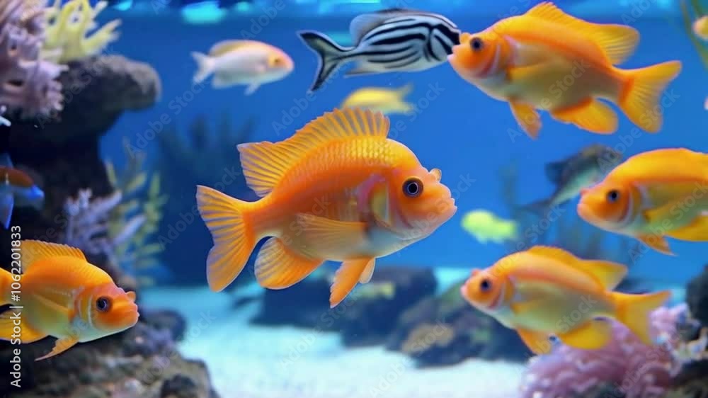 A vibrant underwater scene featuring colorful fish swimming in an aquarium. A vibrant underwater scene featuring colorful fish swimming in an aquarium.