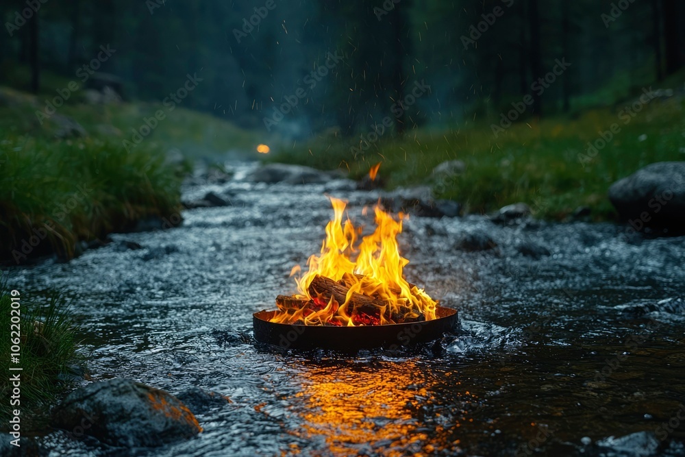 A Campfire Burning in a Riverbed in a Forest at Night A Campfire Burning in a Riverbed in a Forest at Night