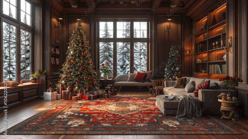 A modern decorated Christmas tree in the house. A modern decorated Christmas tree in the house.