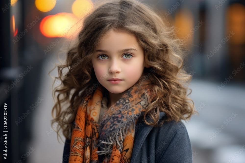 Portrait of a beautiful little girl with long curly hair in a warm scarf on the street. Portrait of a beautiful little girl with long curly hair in a warm scarf on the street.