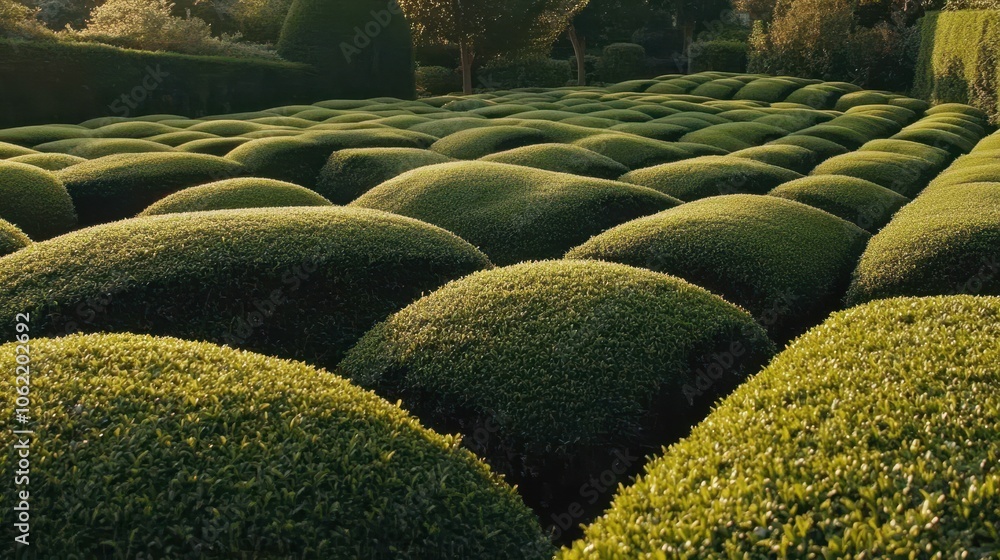 Obraz premium A quiet green tea plantation at sunset with long shadows cast over the bushes, illustrating the scenic beauty of matcha's natural source.
