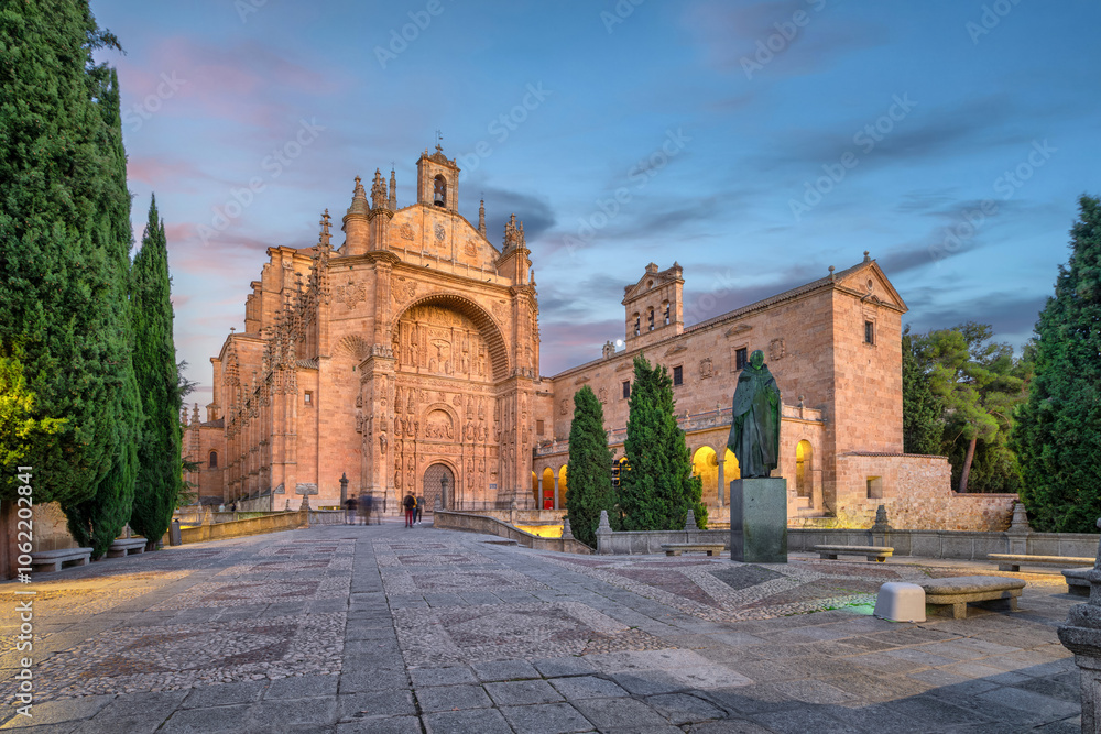 Salamanca, Spain. View of Convent of San Esteban - historic Dominican monastery with scenic cloisters and dramatic facade