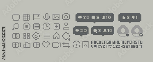 Pixel app icons set of social networks. Monochrome Interface navigation and app icons in 8-bit retro game. Pixel social media icons set of likes, dislikes and followers, commet silhouette pixel vector