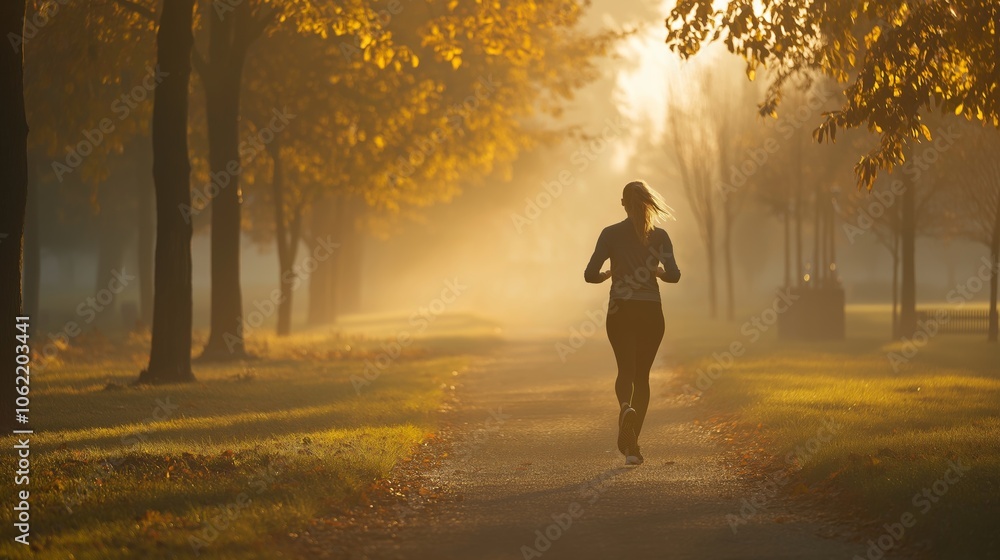A young woman jogs along a misty path surrounded by trees with autumn foliage, illuminated by soft morning light A young woman jogs along a misty path surrounded by trees with autumn foliage, illuminated by soft morning light