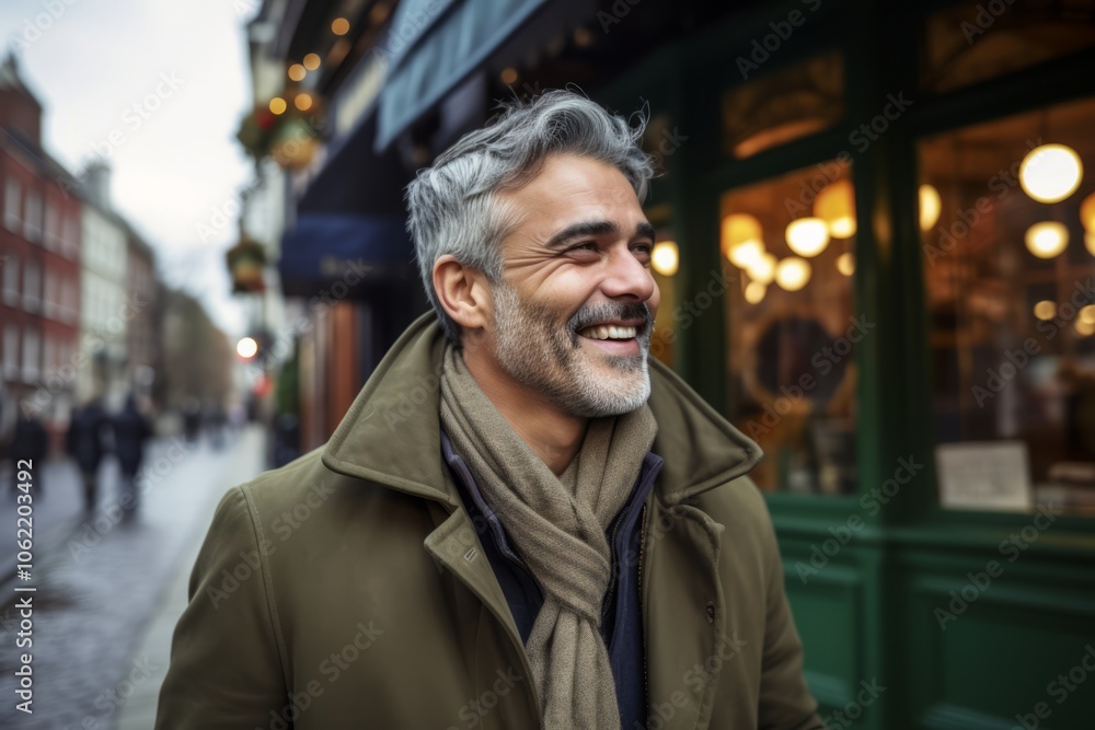 Handsome middle-aged man with grey hair in a coat and scarf on the streets of the old town of the city. Handsome middle-aged man with grey hair in a coat and scarf on the streets of the old town of the city.