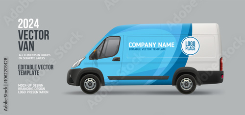 Side view Delivery Van mockup with abstract blue branding design. Delivery vehicle brand identity.  Editable vector