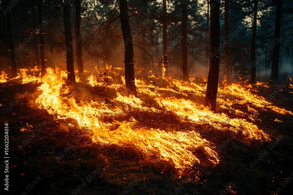 Forest Floor Engulfed by Flames with Trees Silhouetted in the Smoke Forest Floor Engulfed by Flames with Trees Silhouetted in the Smoke