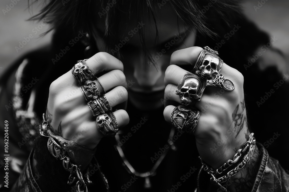 Obraz premium A young man wearing multiple rings on both hands, featuring skulls and gothic designs, heavy metal fashion influence.