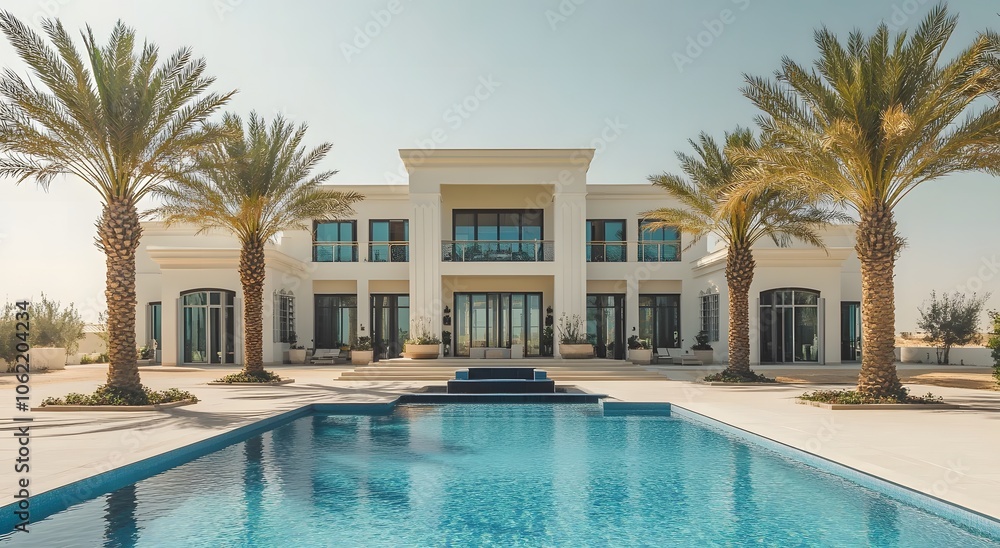 Fototapeta premium A contemporary modern white villa with large windows, surrounded by palm trees and an infinity clear swimming pool in front. The style is high luxury with detailed architecture and modern furnishings.