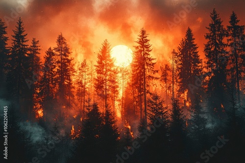 Silhouetted Forest Burning Under an Orange Sky