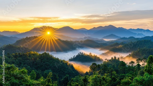 Stunning sunrise over misty mountains in a serene landscape photo