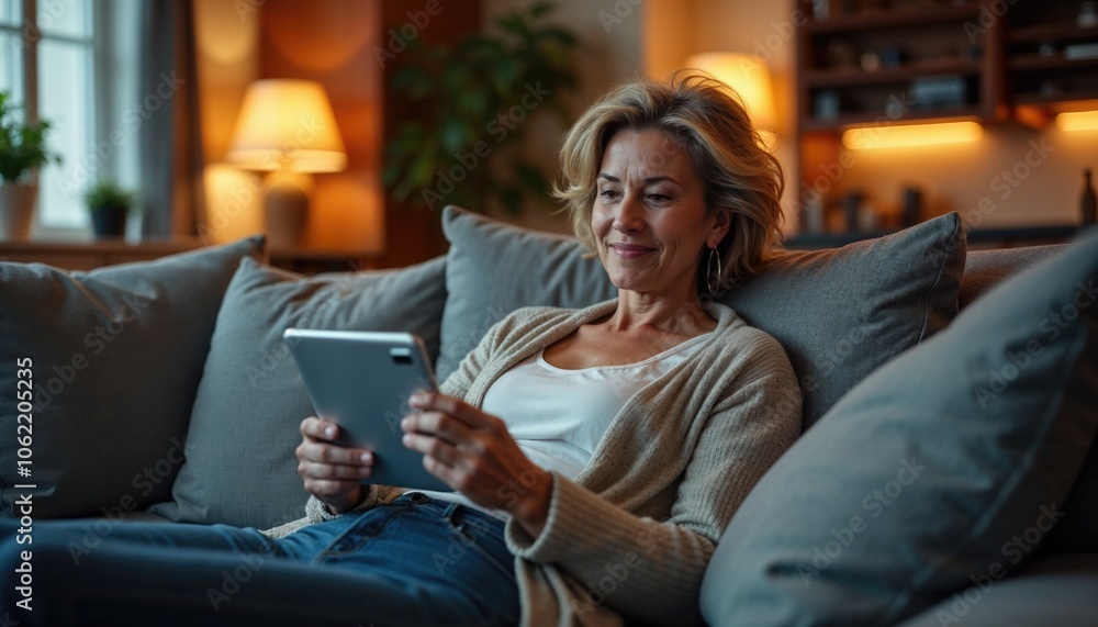Modern Digital Lifestyle: Mature Woman's Relaxing Evening with Tablet Technology Modern Digital Lifestyle: Mature Woman's Relaxing Evening with Tablet Technology