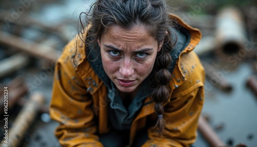 Intense Adventure Portrait: Young Woman in Yellow Weatherproof Gear