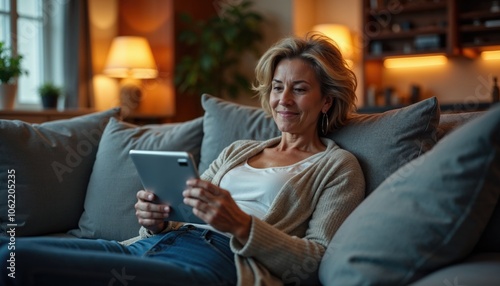 Modern Digital Lifestyle: Mature Woman's Relaxing Evening with Tablet Technology