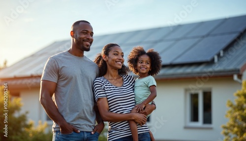 Modern Eco-Conscious Family: African American Household with Solar Energy Home