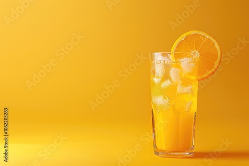 A Glass of Orange Juice with Ice and a Slice of Orange on a Yellow Background