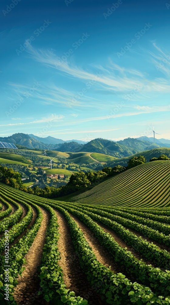Obraz premium Farmers Cultivate Lush Green Fields Amid Rolling Hills and Sustainable Energy Sources in a Scenic Landscape