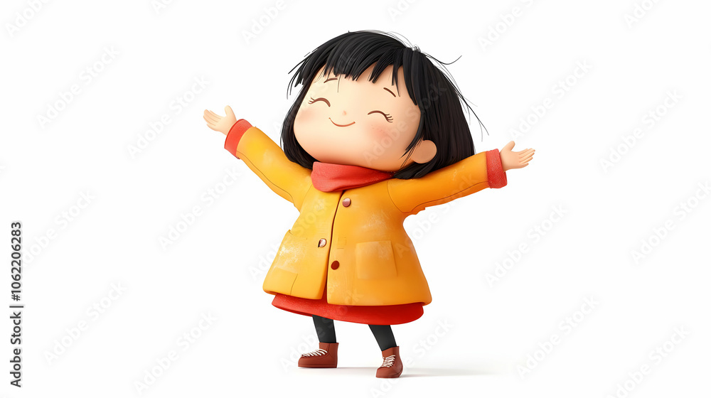 A happy cartoon girl with arms outstretched, wearing a yellow coat and red scarf. A happy cartoon girl with arms outstretched, wearing a yellow coat and red scarf.