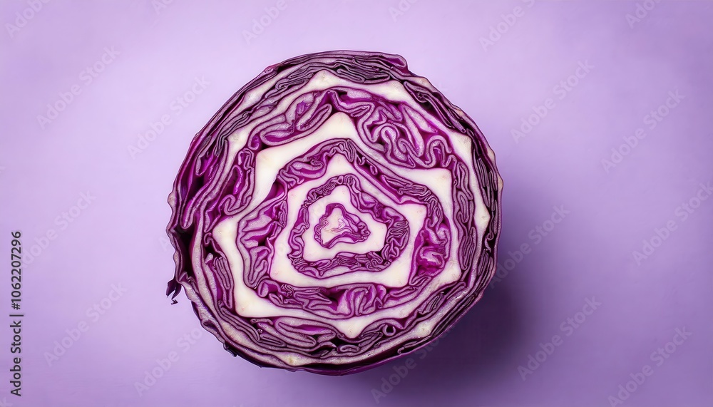 Intricate Purple Cabbage Cross Section on Pastel Background. Detailed Texture and Symmetry Highlighting Organic Freshness, Nutrient Rich Beauty, and Culinary Inspiration for Healthy Living Intricate Purple Cabbage Cross Section on Pastel Background. Detailed Texture and Symmetry Highlighting Organic Freshness, Nutrient Rich Beauty, and Culinary Inspiration for Healthy Living