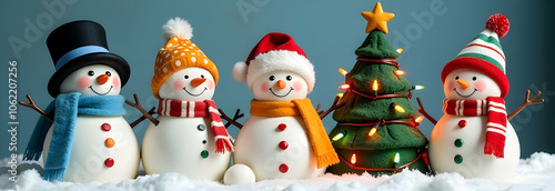 Four Merry snowmen in different costumes, scarves and hats and a dressed up Christmas tree stand in the snow with snowflakes falling on the Christmas background. Copy space. Banner photo