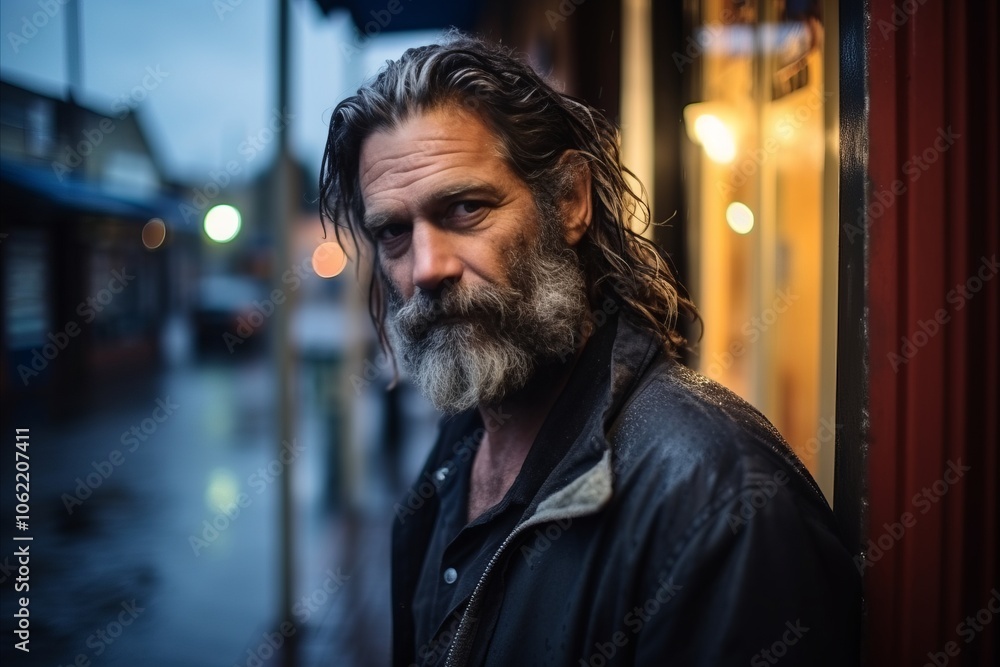 Portrait of a handsome senior man with long gray hair and beard standing in the street at night Portrait of a handsome senior man with long gray hair and beard standing in the street at night