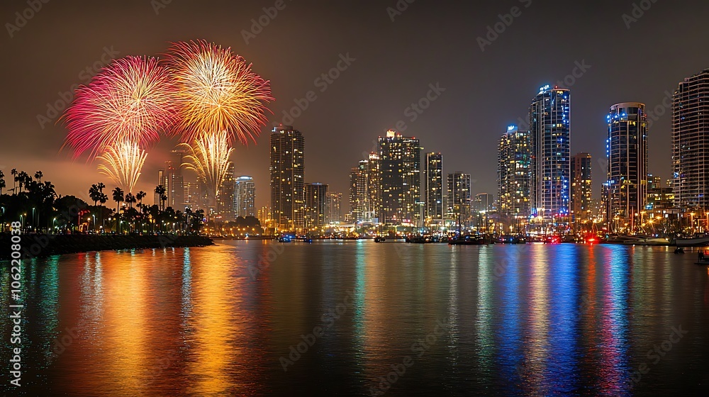 Fototapeta premium A vibrant, colorful fireworks over a city skyline with a clear area for text
