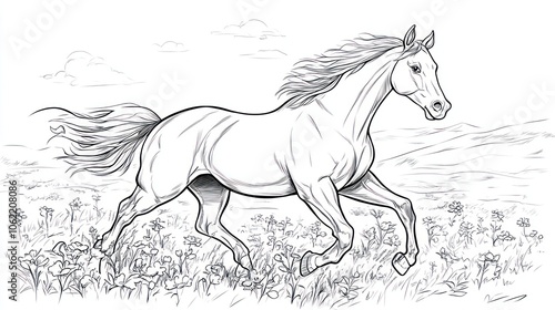 A Line Drawing of a Horse Running Through a Field of Flowers. Coloring book illustration.