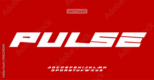 Power movement alphabet, bold slanted letters, dynamic font for automotive logos, speed headlines, impactful sports branding, and race game typography. Vector typeset.