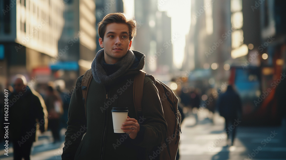 A young professional commuting on a busy city street, holding a coffee cup A young professional commuting on a busy city street, holding a coffee cup