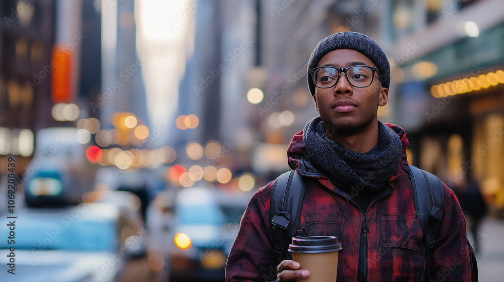 A young professional commuting on a busy city street, holding a coffee cup A young professional commuting on a busy city street, holding a coffee cup