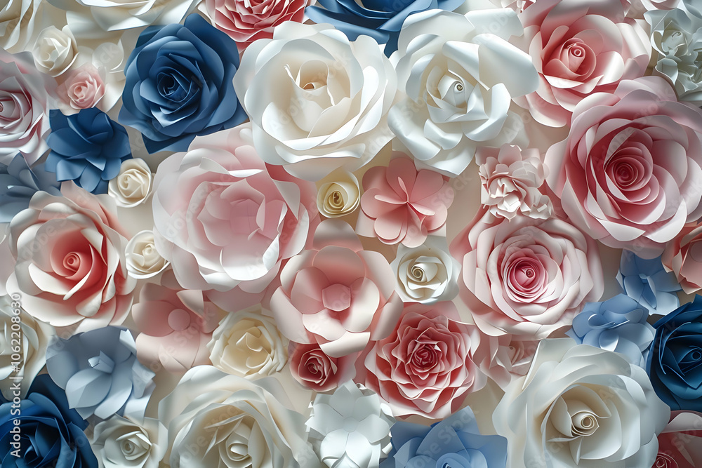 A beautiful wall of paper roses in various shades of pink, white, and blue, creating an elegant wedding backdrop. A beautiful wall of paper roses in various shades of pink, white, and blue, creating an elegant wedding backdrop.
